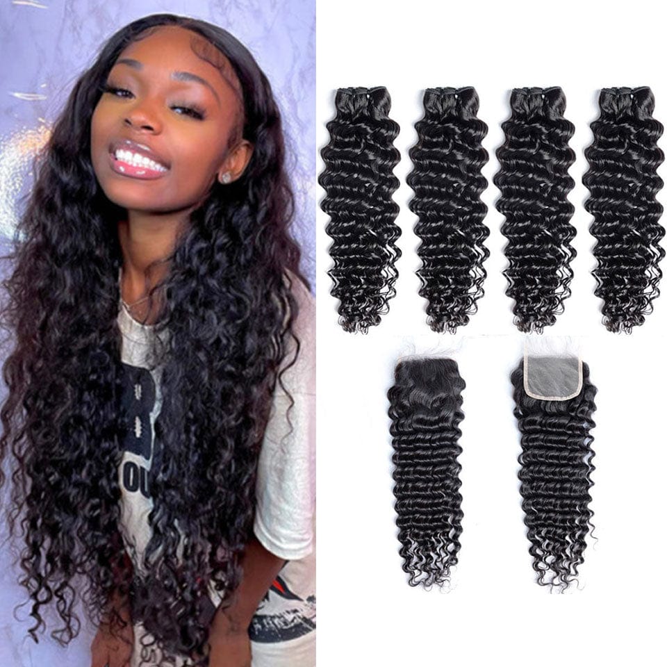 ailuxyhair-fr AILUXY 4 Paquets Avec 4x4 Lace Closure Deep Wave Noir