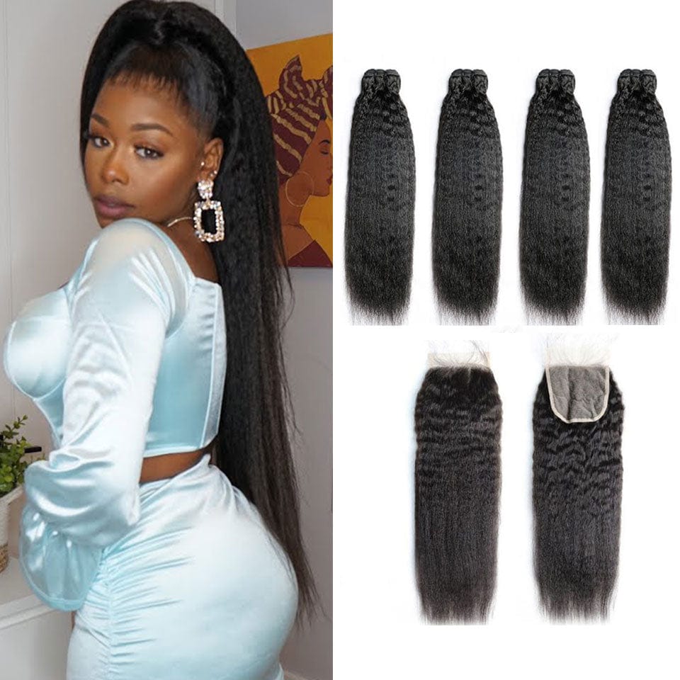ailuxyhair-fr AILUXY 4 Paquets Avec 4x4 Lace Closure Kinky Lisse Noir