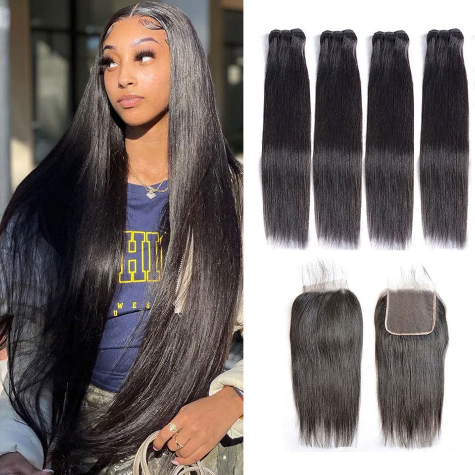 ailuxyhair-fr AILUXY 4 Paquets Avec 4x4 Lace Closure Lisse Noir