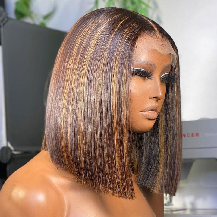 ailuxyhair-fr AILUXY 4x4 Lace Closure Brun Balayage Caramel Bob Perruque Lisse Courte Perruque en Couleur 4#30#4 100% Cheveux Humains