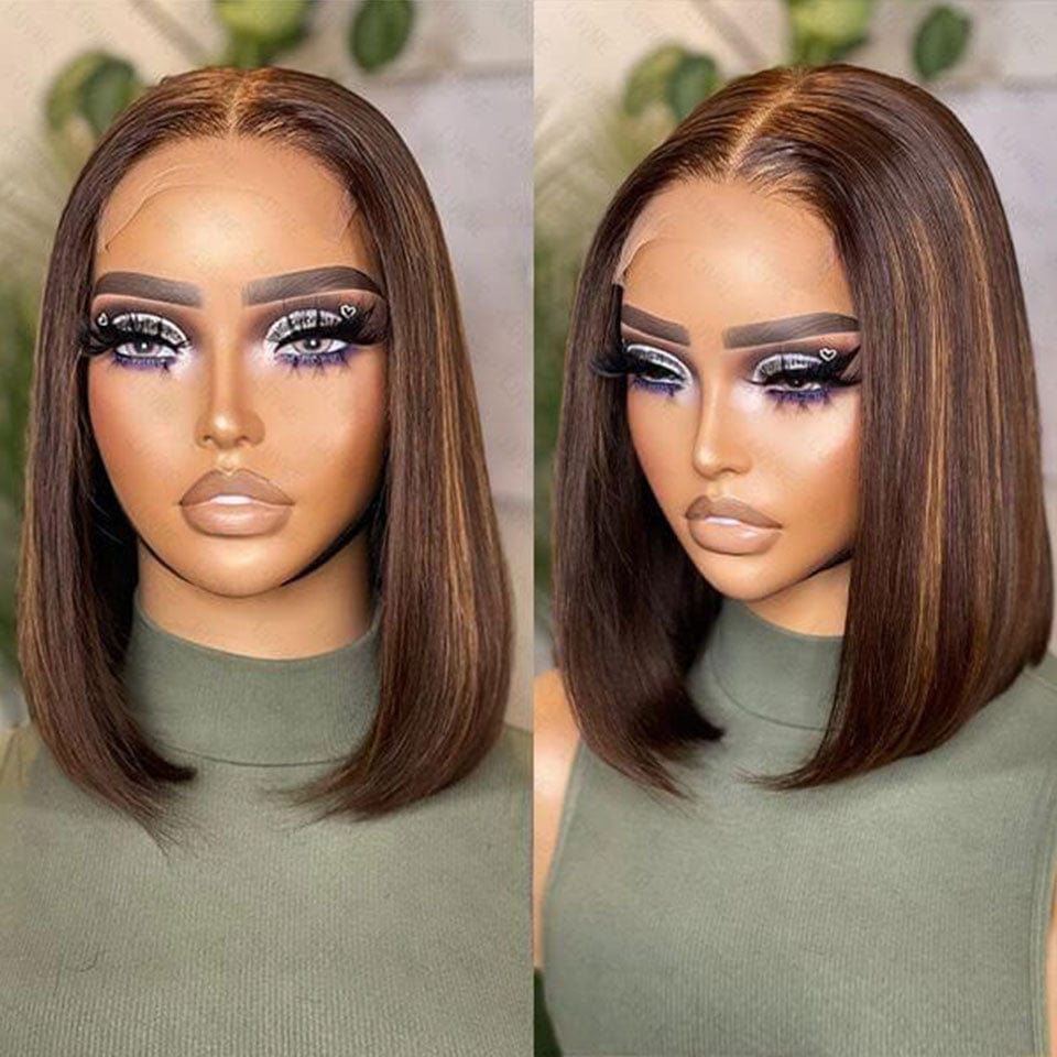ailuxyhair-fr AILUXY 4x4 Lace Closure Brun Balayage Caramel Bob Perruque Lisse Courte Perruque en Couleur 4#30#4 100% Cheveux Humains