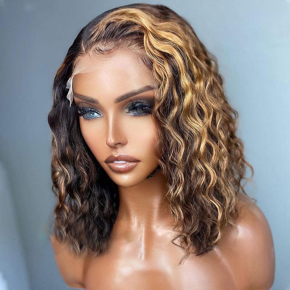 ailuxyhair-fr AILUXY 4x4 Lace Closure Brun Balayage Miel #4#27 Bouclé Courte Bob Perruque 100% Cheveux Humains