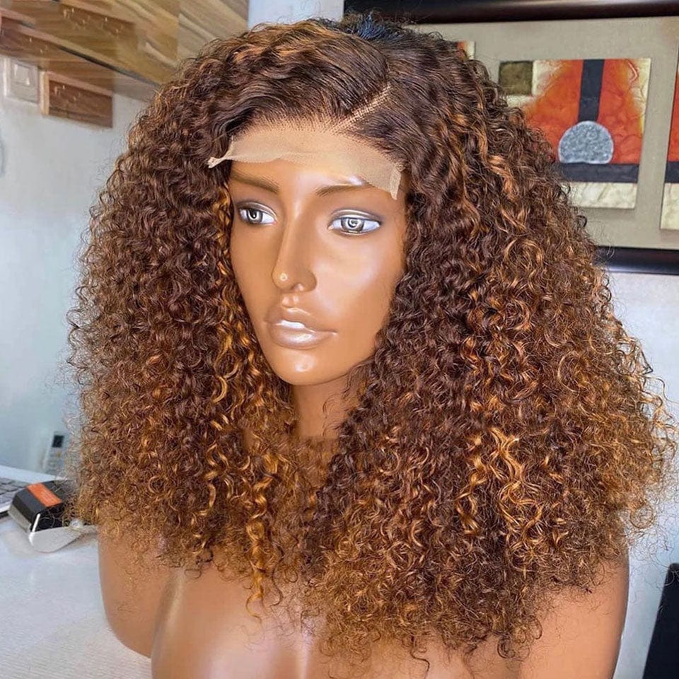 ailuxyhair-fr AILUXY 4x4 Lace Closure Brun Balayage Miel #4#27 Bouclée Courte Perruque Bob Perruque