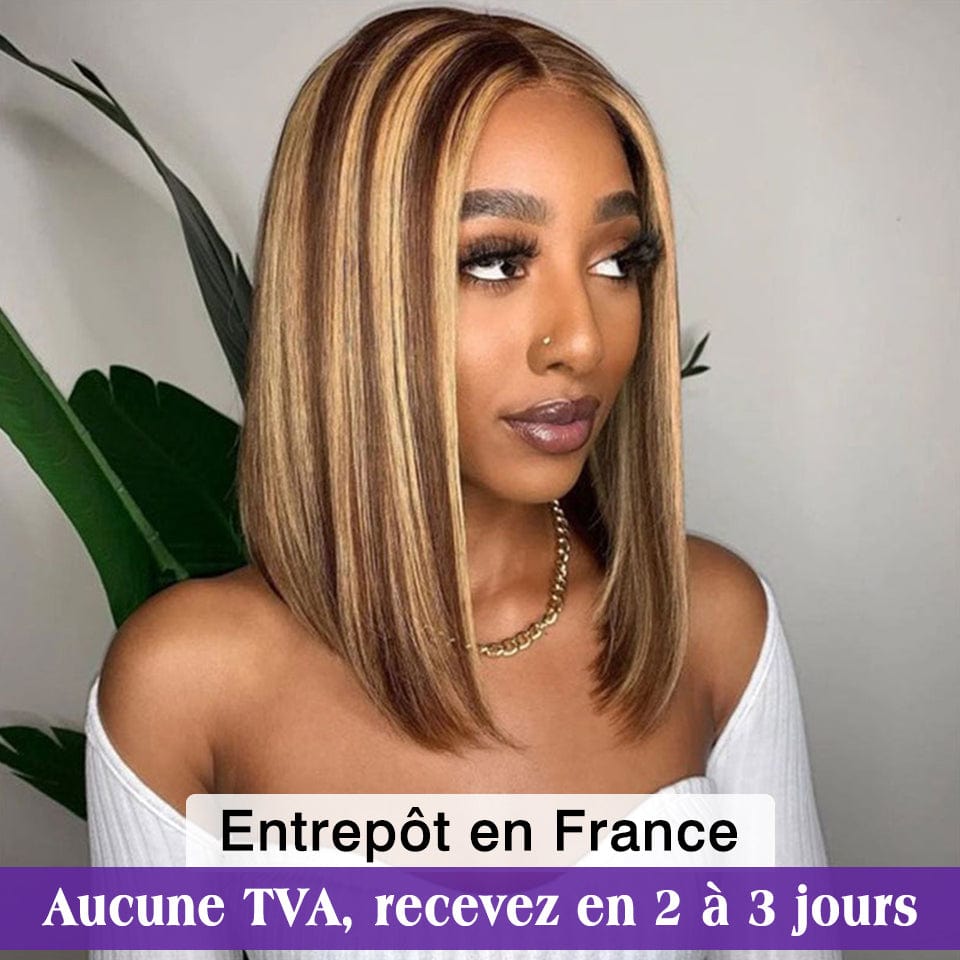 ailuxyhair-fr AILUXY 4x4 Lace Closure Brun Balayage Miel  #4#27 Lisse Bob Perruque 100% Cheveux Humains
