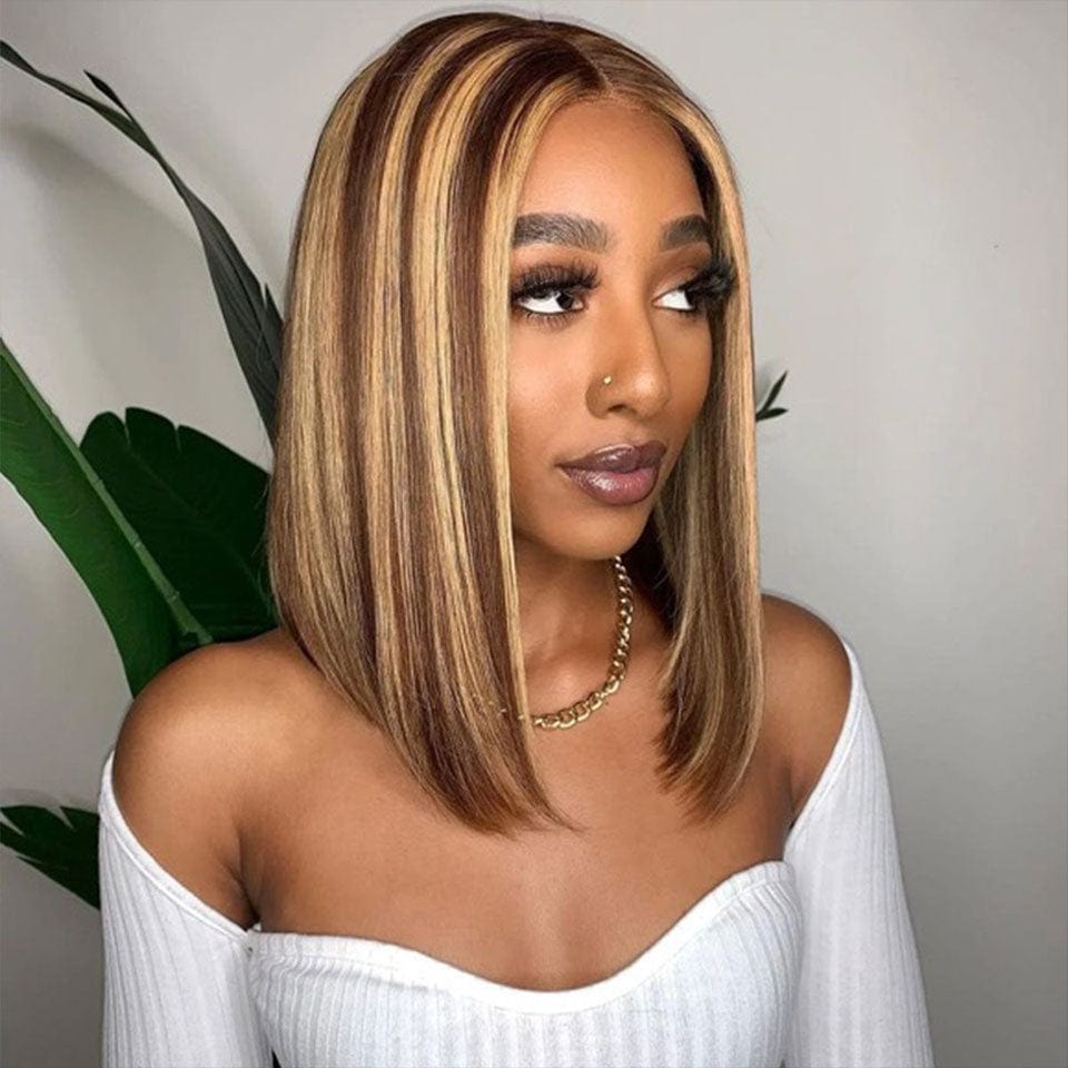 ailuxyhair-fr AILUXY 4x4 Lace Closure Brun Balayage Miel  #4#27 Lisse Bob Perruque 100% Cheveux Humains