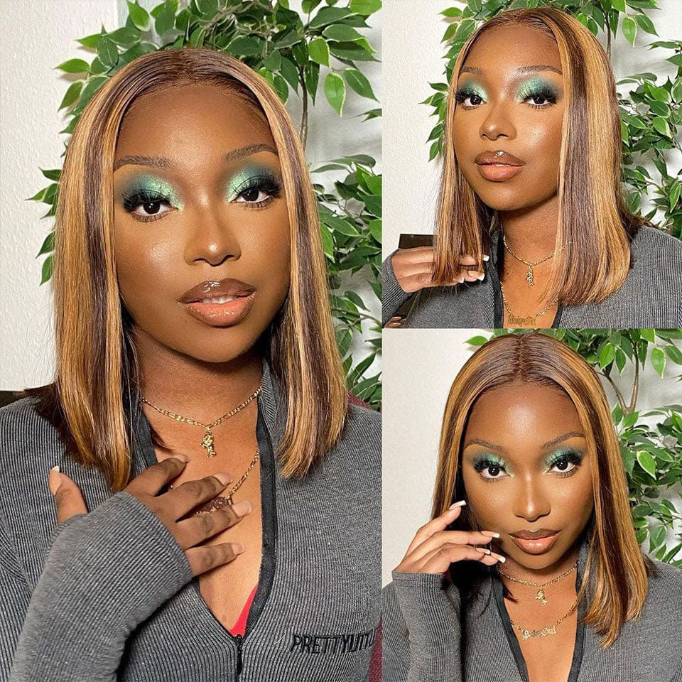 ailuxyhair-fr AILUXY 4x4 Lace Closure Brun Balayage Miel  #4#27 Lisse Bob Perruque 100% Cheveux Humains