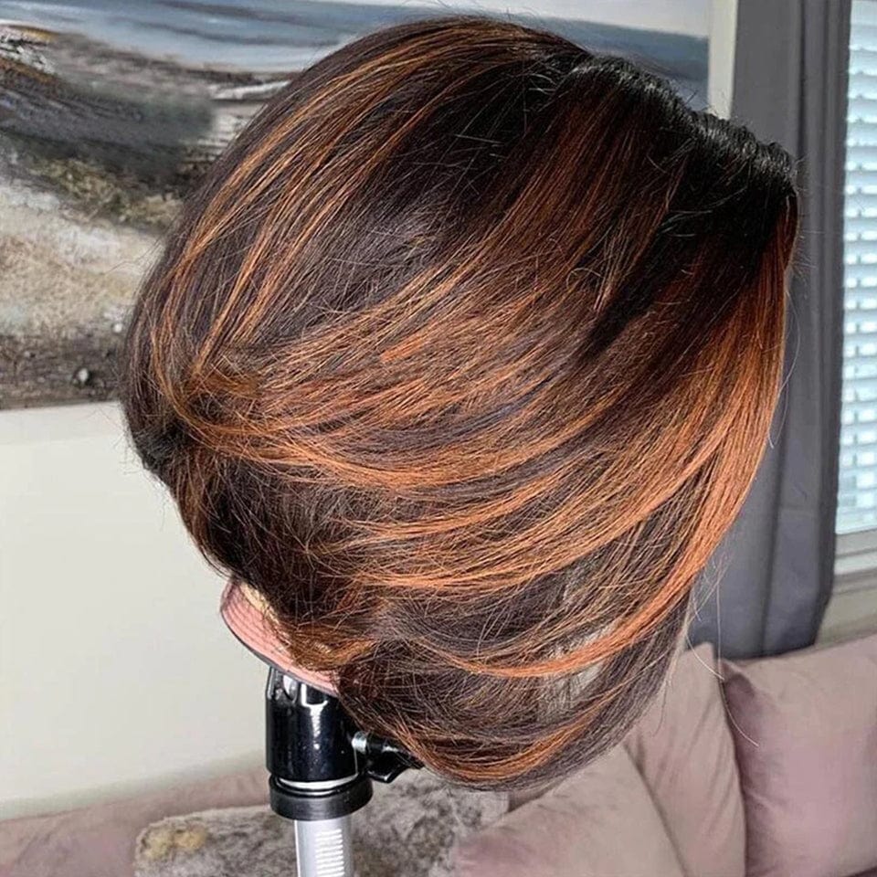 ailuxyhair-fr AILUXY 4x4 Lace Frontal Bob Perruque Noir Aux Reflets blonds 1Bmix30 Lisse Courte Perruque 200% Densité