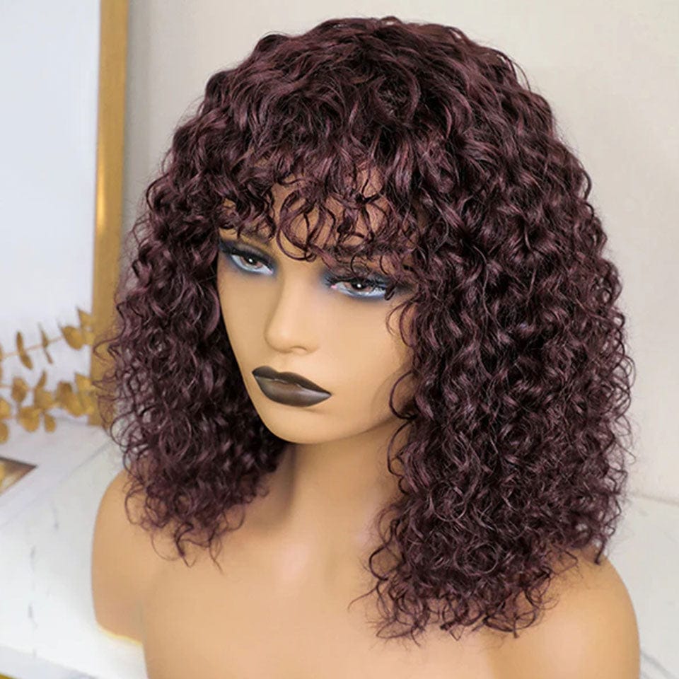 ailuxyhair-fr AILUXY Bouclé Rouge Foncé 99j Bob Perruque Avec Frange Fabriquée À La Machine