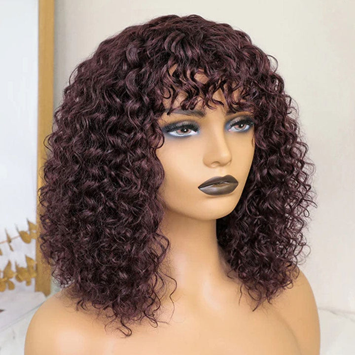ailuxyhair-fr AILUXY Bouclé Rouge Foncé 99j Bob Perruque Avec Frange Fabriquée À La Machine
