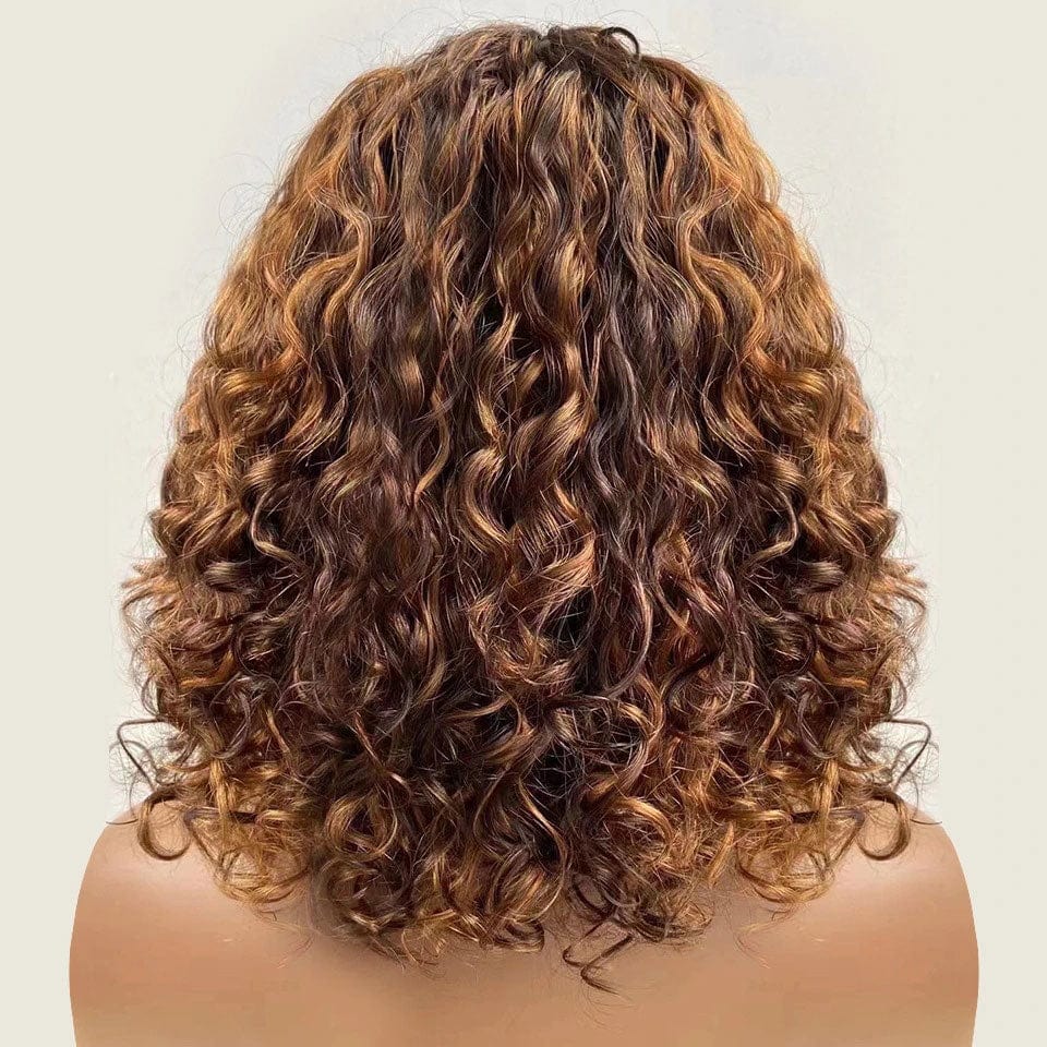 ailuxyhair-fr AILUXY Brun Balayage Miel Bouclé Courte Perruque Avec Frange 100% Cheveux Humains