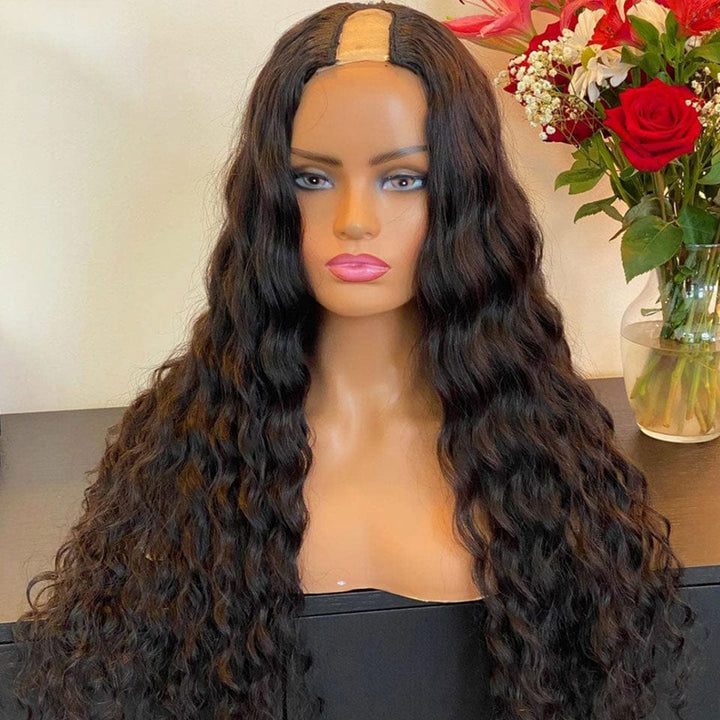 ailuxyhair-fr AILUXY U Part Lace Perruque Water Wave Longue Noir Perruque 100% Cheveux Humains