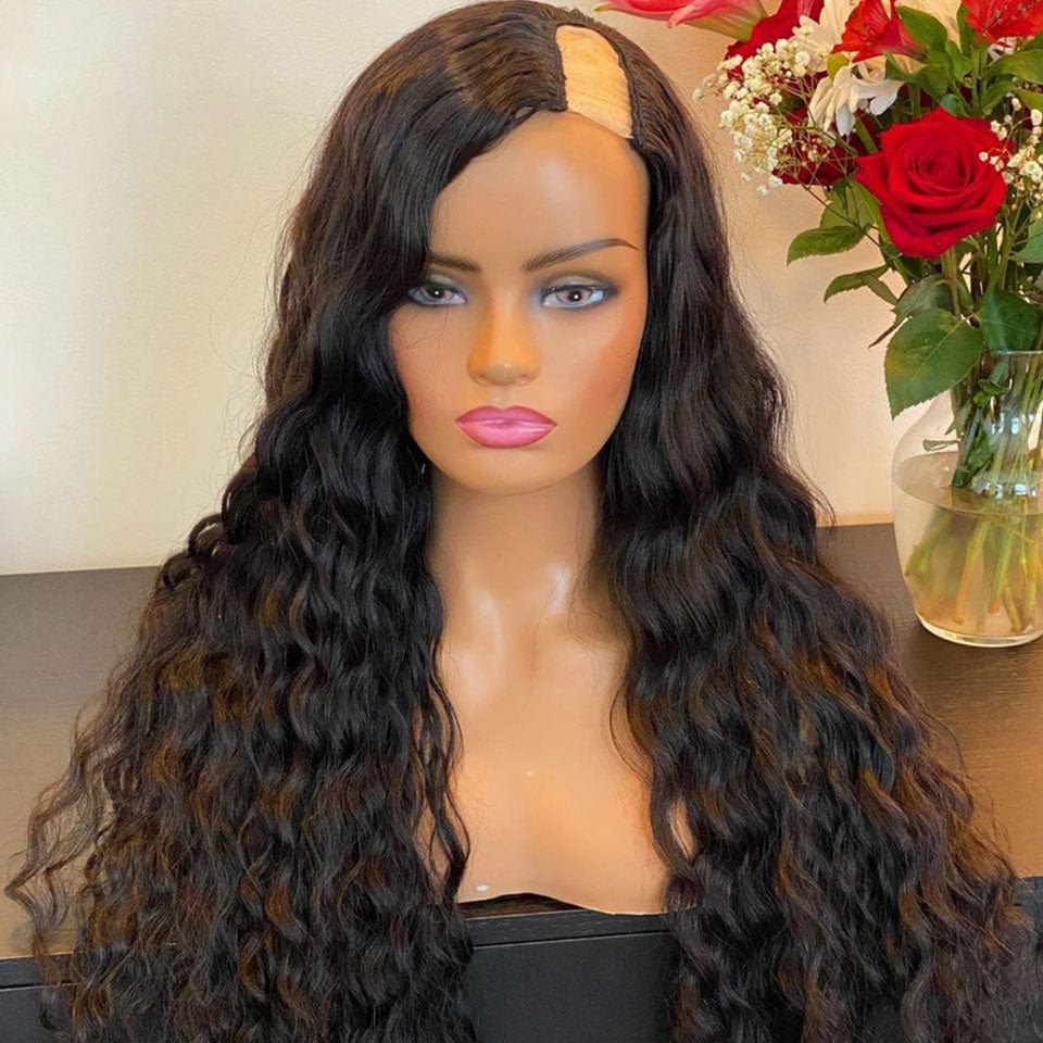 ailuxyhair-fr AILUXY U Part Lace Perruque Water Wave Longue Noir Perruque 100% Cheveux Humains
