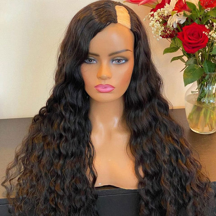 ailuxyhair-fr AILUXY U Part Lace Perruque Water Wave Longue Noir Perruque 100% Cheveux Humains