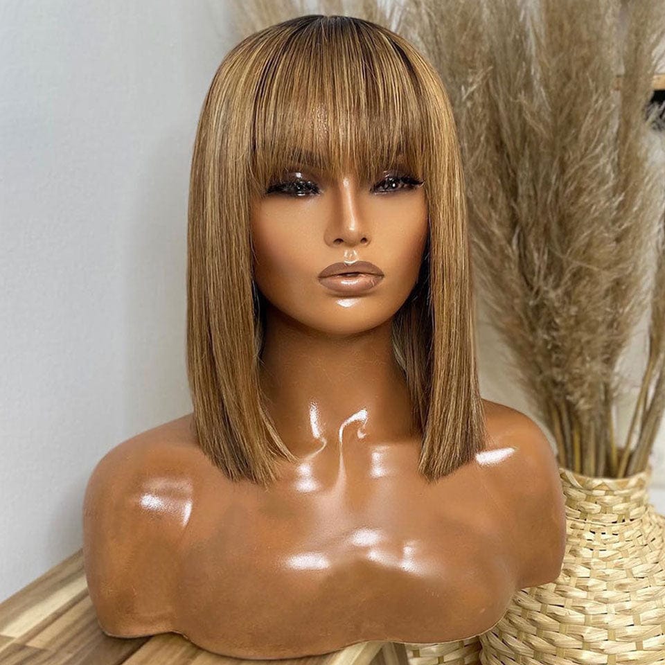 ailuxyhair-fr Entrepôt en France AILUXY Lisse Brun Balayage Miel #4#27 Bob Perruque Avec Frange 100% Cheveux Humains