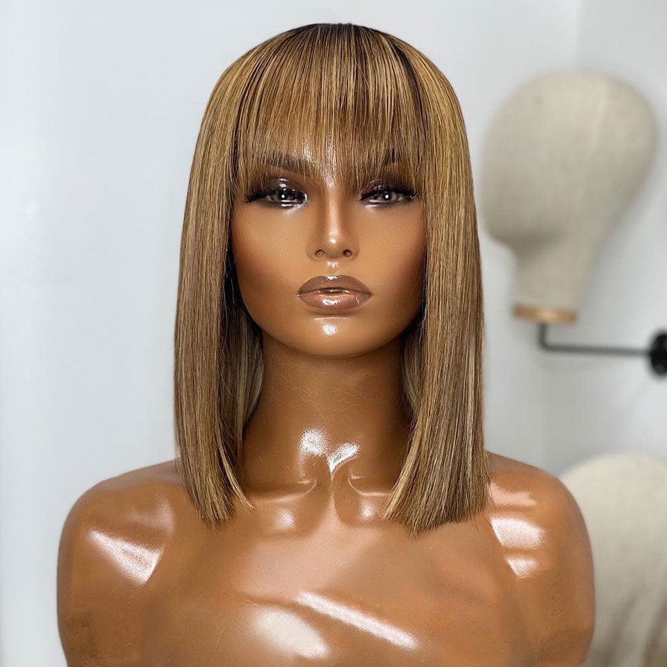 ailuxyhair-fr Entrepôt en France AILUXY Lisse Brun Balayage Miel #4#27 Bob Perruque Avec Frange 100% Cheveux Humains