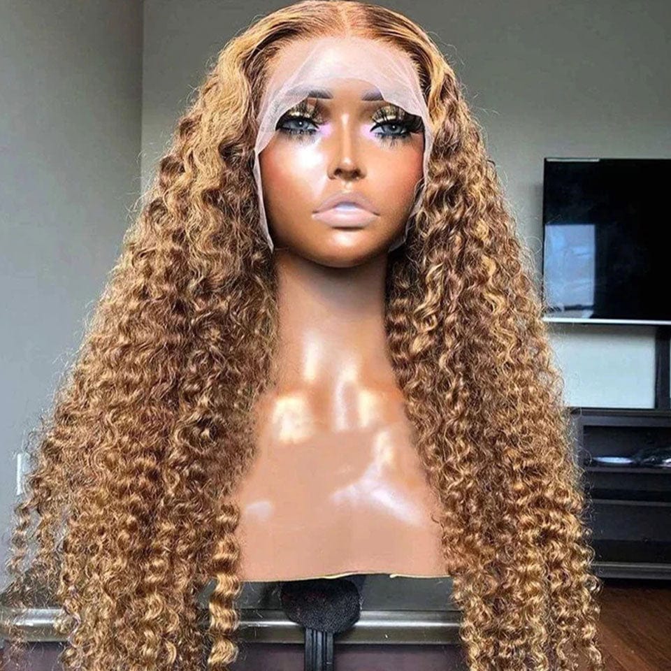ailuxyhair-fr Sans Colle AILUXY 13x4 Lace Frontal Brun Aux Reflets Blonds Bouclé Longue Perruque 100% Cheveux Humains Densité 200%