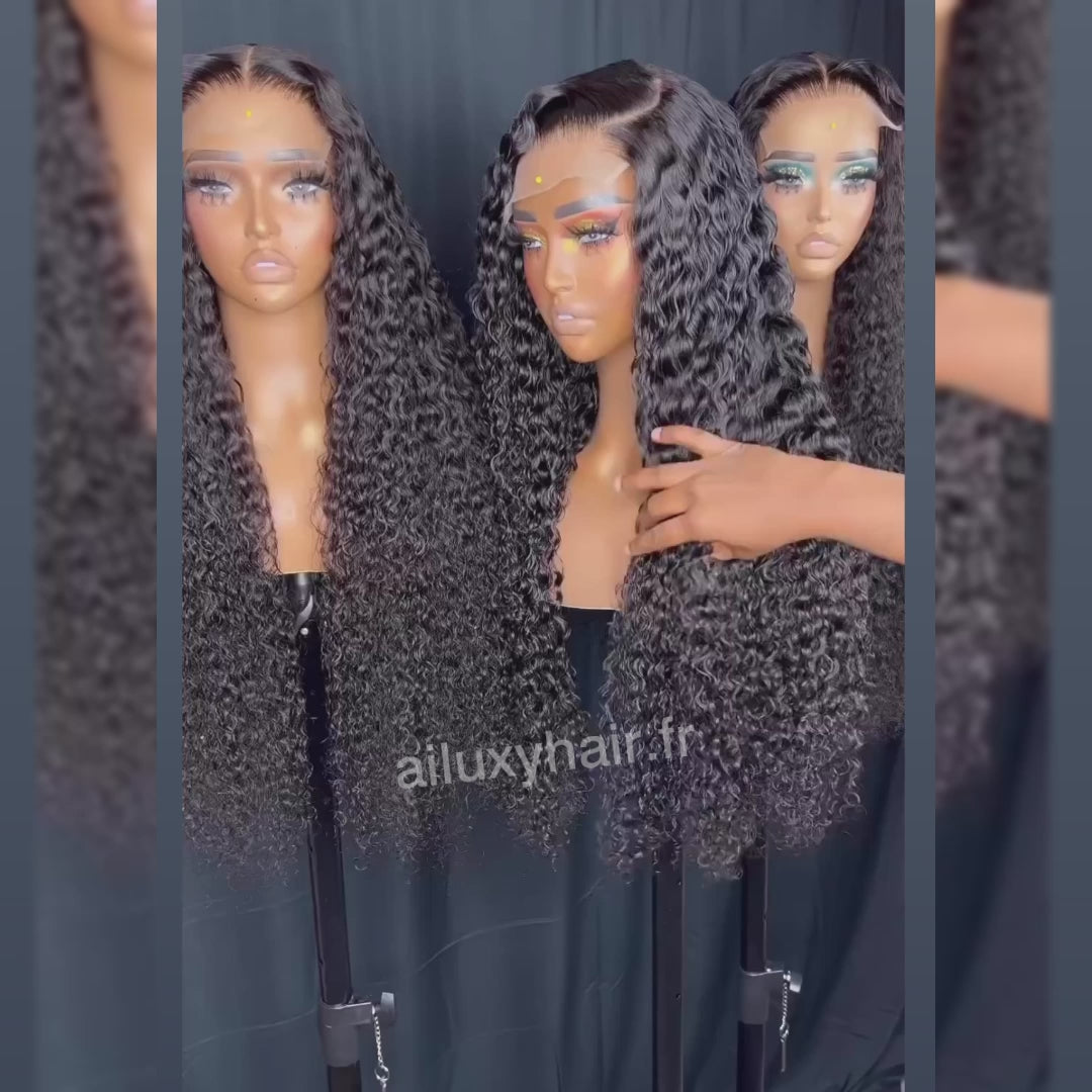 AILUXY 4x4 Lace Closure Perruque Bouclée Longue Noir 200% densité