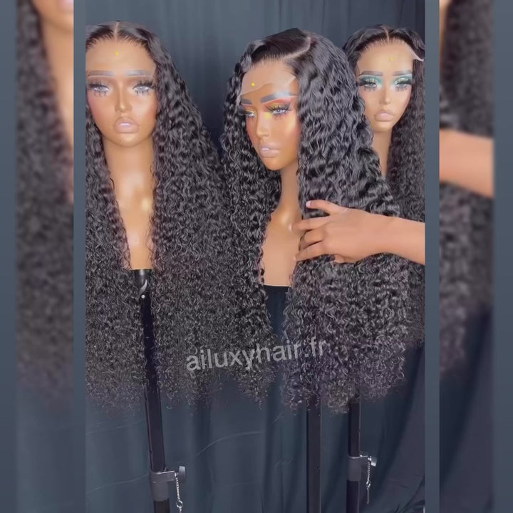 AILUXY 4x4 Lace Closure Perruque Bouclée Longue Noir 200% densité