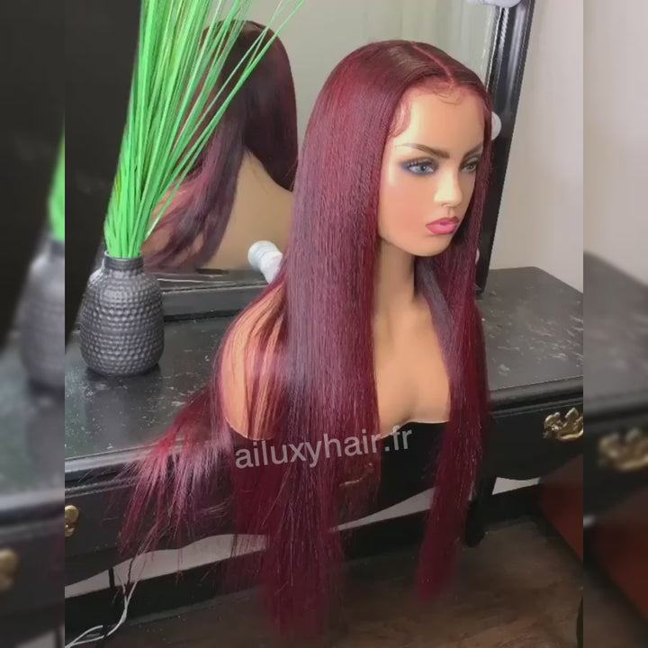 AILUXY 13x4 Lace Frontal 99J Bourgogne Lisse Longue Perruque 100% Cheveux Humains